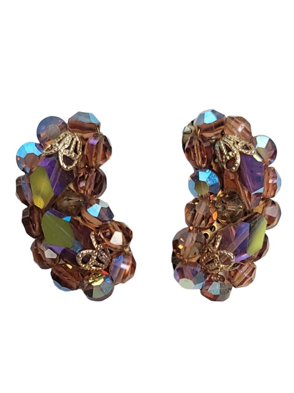 Smoky Topaz, Rootbeer AB Rhinestone Beaded Brass Cap Kidney Shape Clip Earrings